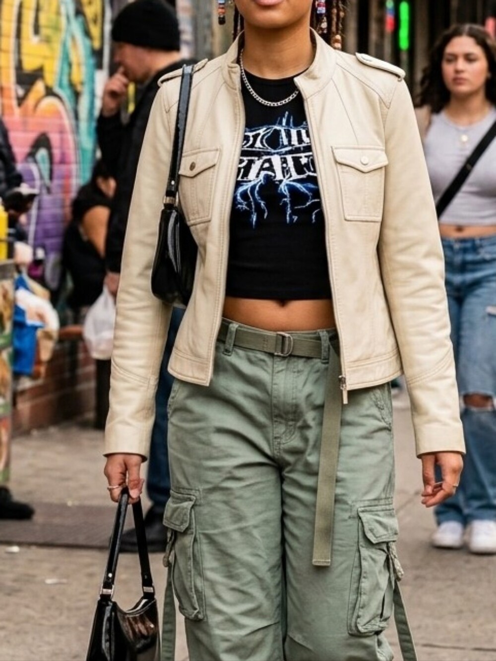attention Light Cream Leather Zip-Front Moto Jacket